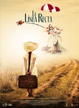 Cartel de La línea recta: una niña con sombrero y maleta de espaldas en un camino de tierra, con una avioneta y paracaídas en el cielo