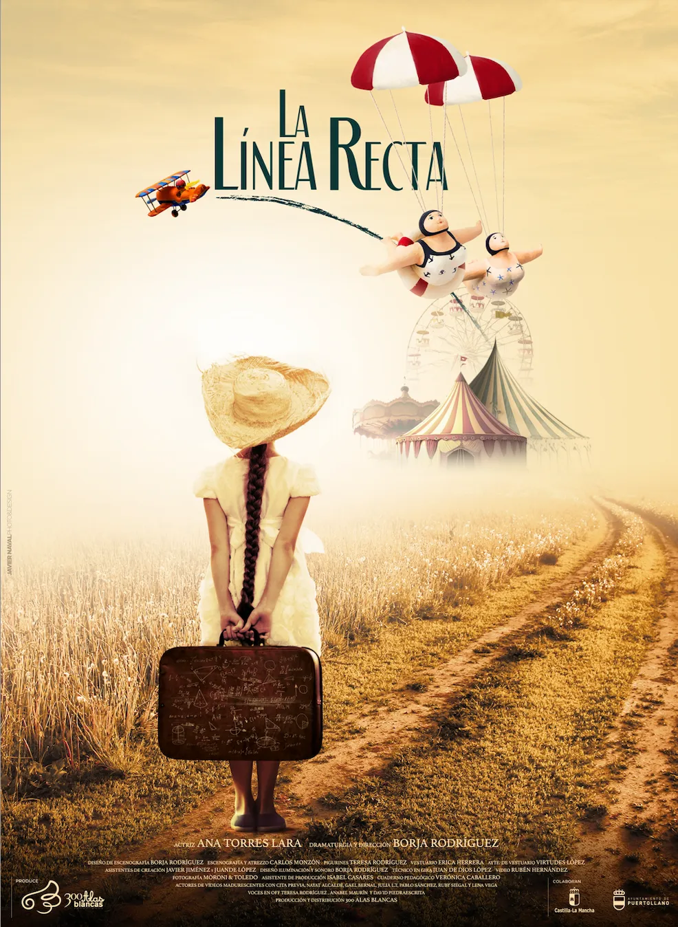 Cartel de La línea recta: una niña con sombrero y maleta de espaldas en un camino de tierra, con una avioneta y paracaídas en el cielo