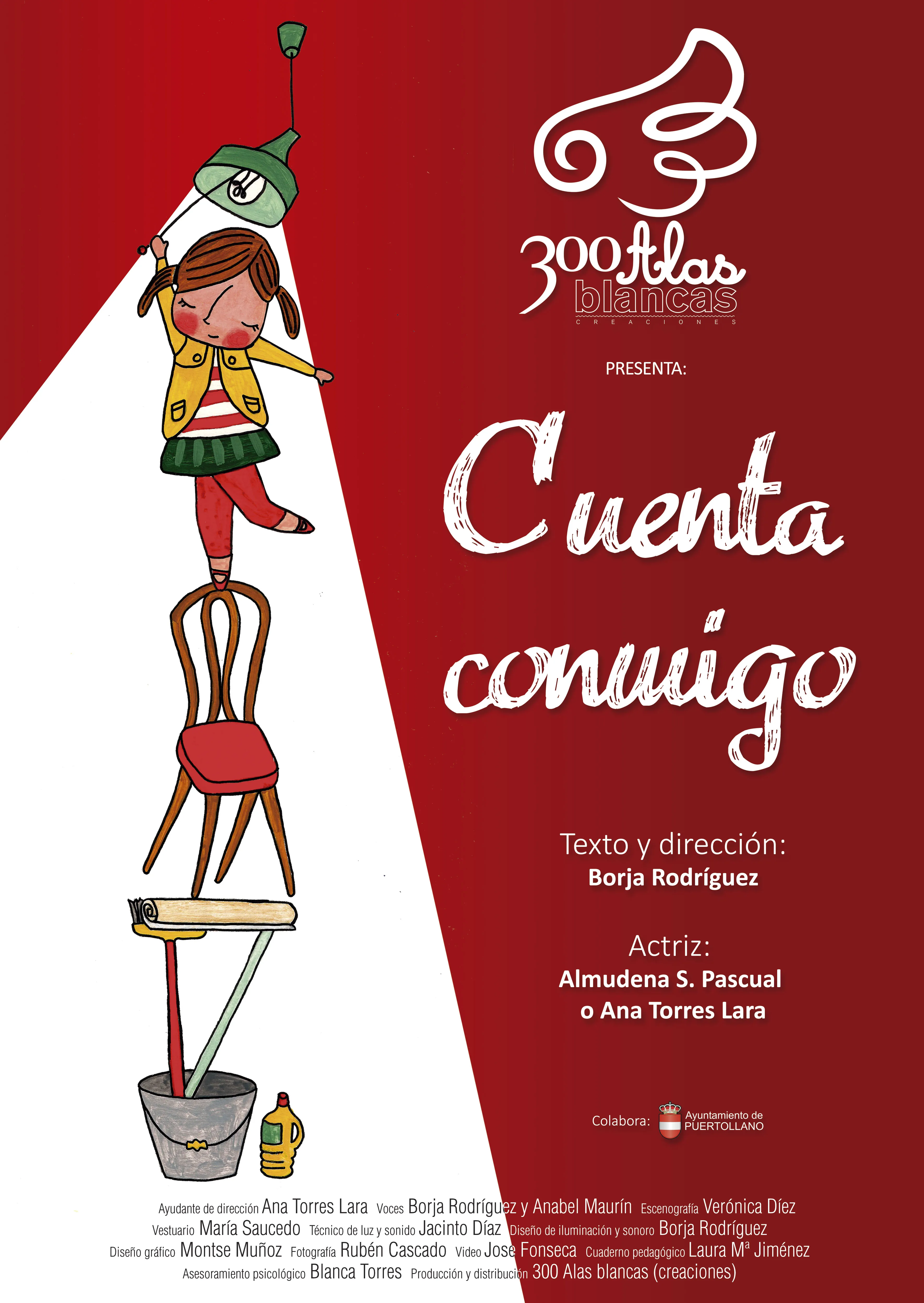 Cartel de Cuenta conmigo: una niña con coletas y leotardos rojos subida a una pila de sillas bajo un foco, sobre fondo granate