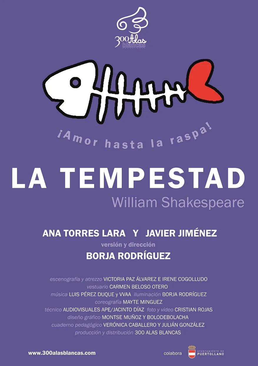 Cartel de La Tempestad: una raspa de pez con un corazón rojo sobre fondo morado y el lema Amor hasta la raspa
