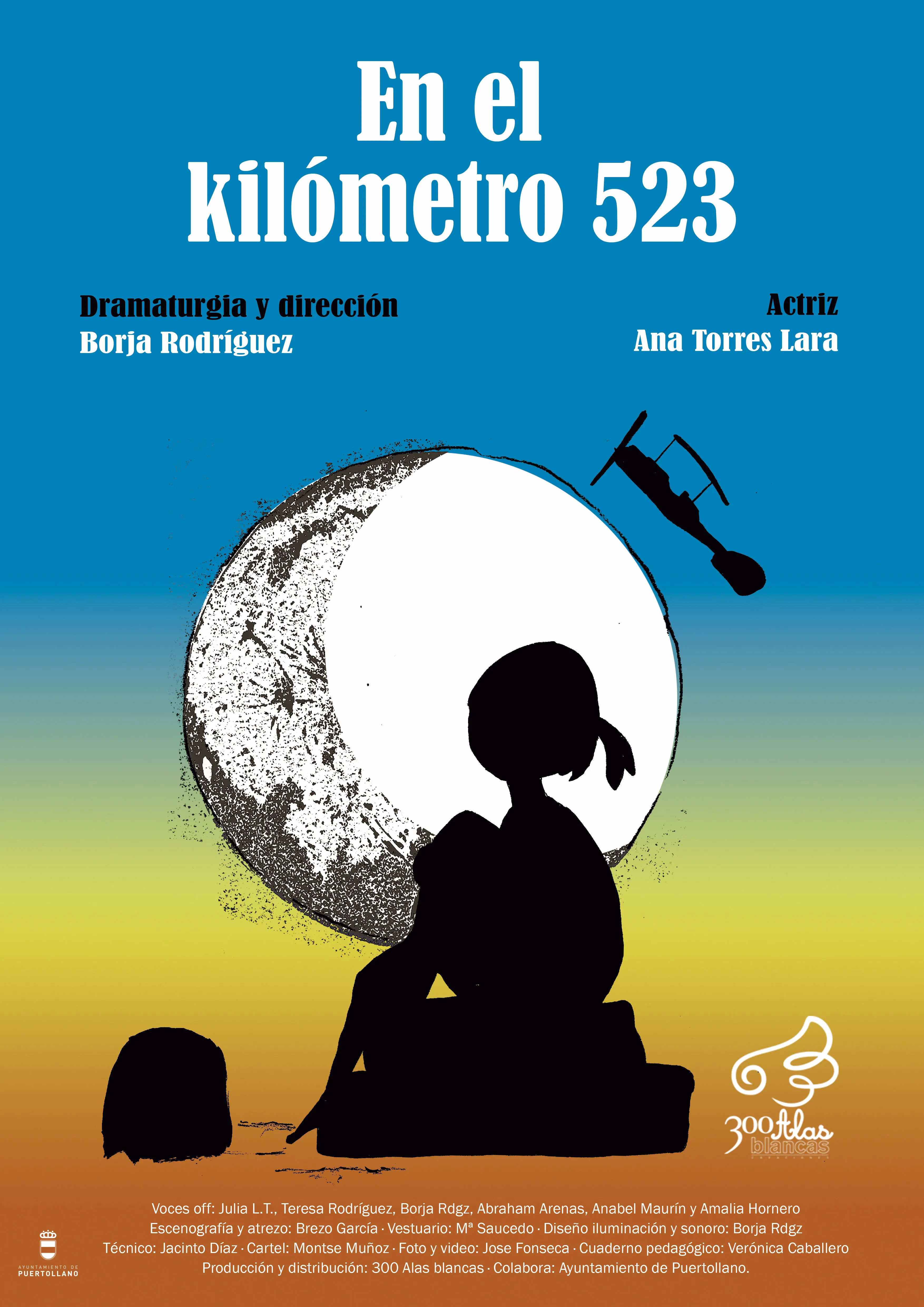 Cartel de En el kilómetro 523: silueta de una niña sentada ante una luna enorme mientras pasa una avioneta, sobre un cielo azul que se vuelve naranja