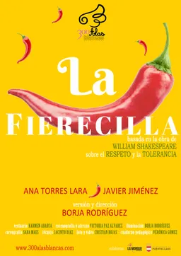 Cartel de La Fierecilla: una gran guindilla roja sobre fondo amarillo junto al título
