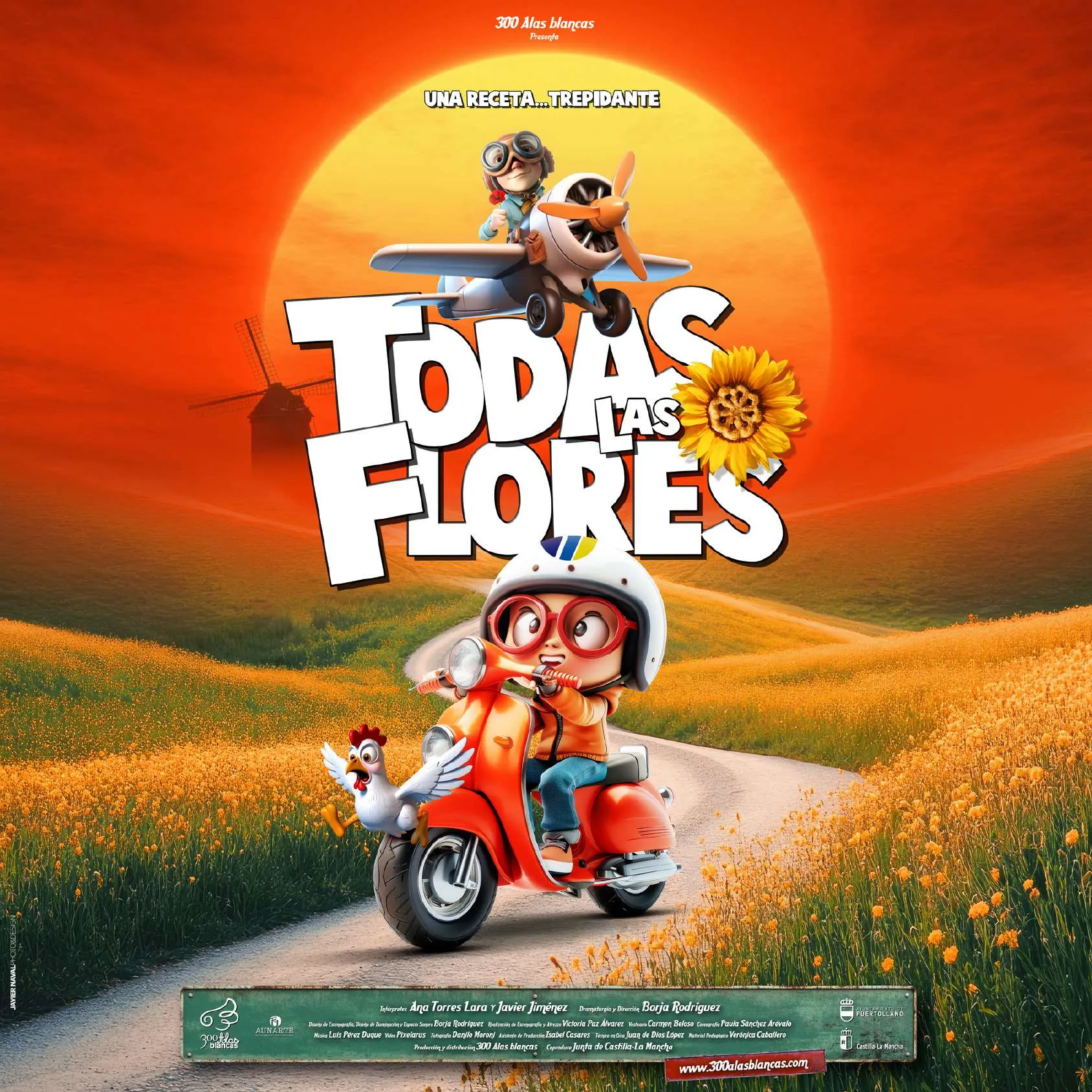 Cartel de Todas las flores: un niño con casco en moto y una gallina por un camino entre flores, una aviadora en avioneta y un molino ante un sol naranja